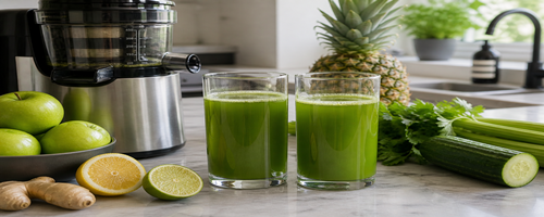 Twee glazen heldergroen sap op een modern keukenaanrecht, omringd door vers fruit zoals appel, citrus en ananas, met een lichte, frisse uitstraling