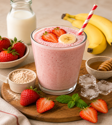 Romige aardbei proteïne milkshake in een glas, gegarneerd met aardbeien en banaanschijfjes. Op de achtergrond staan een fles melk, verse aardbeien, bananen, ijsblokjes, honing en een schaaltje eiwitpoeder.