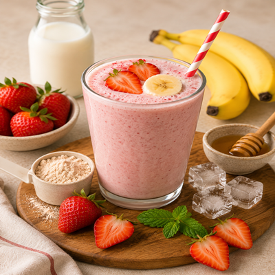 Romige aardbei proteïne milkshake in een glas, gegarneerd met aardbeien en banaanschijfjes. Op de achtergrond staan een fles melk, verse aardbeien, bananen, ijsblokjes, honing en een schaaltje eiwitpoeder.