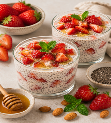Glazen met aardbeien chia pudding, gevuld met verse aardbeienstukjes en afgewerkt met munt, omringd door aardbeien, amandelen en chiazaad.