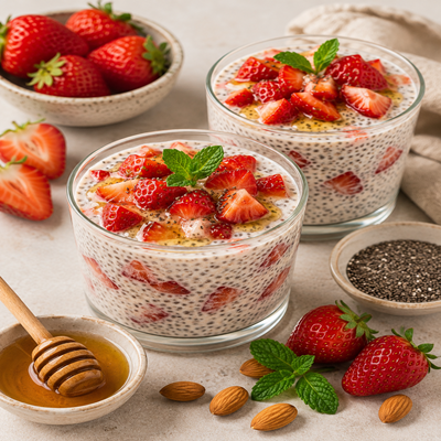 Glazen met aardbeien chia pudding, gevuld met verse aardbeienstukjes en afgewerkt met munt, omringd door aardbeien, amandelen en chiazaad.