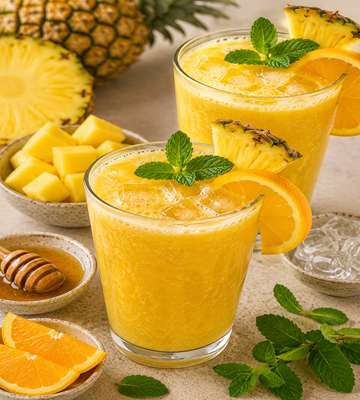 Twee glazen tropische energie fruitsap van ananas en sinaasappel met ijsblokjes, verse munt, ananaspartjes en sinaasappelschijfjes. Een kleurrijke en verfrissende drank vol fruitige energie.