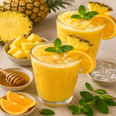 Twee glazen tropische energie fruitsap van ananas en sinaasappel met ijsblokjes, verse munt, ananaspartjes en sinaasappelschijfjes. Een kleurrijke en verfrissende drank vol fruitige energie.