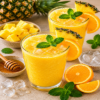 Twee glazen ananas-sinaasappel vitamine boost sap met munt als garnering, omringd door ananasstukjes, sinaasappelpartjes, honing en ijsblokjes.