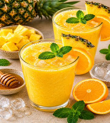 Twee glazen ananas-sinaasappel vitamine boost sap met munt als garnering, omringd door ananasstukjes, sinaasappelpartjes, honing en ijsblokjes.