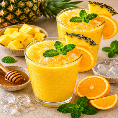 Twee glazen ananas-sinaasappel vitamine boost sap met munt als garnering, omringd door ananasstukjes, sinaasappelpartjes, honing en ijsblokjes.