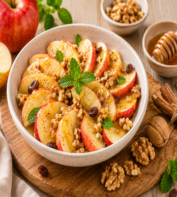 Gezonde appelsalade met verse rode appelpartjes, walnoten, rozijnen, honing en kaneel in een kom. Voedzaam ontbijt, gezonde snack of dessert met fruit en noten.