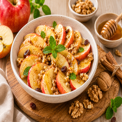 Gezonde appelsalade met verse rode appelpartjes, walnoten, rozijnen, honing en kaneel in een kom. Voedzaam ontbijt, gezonde snack of dessert met fruit en noten.