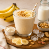 Romige banaan-pindakaas proteïne milkshake in een glas, afgewerkt met banaanschijfjes en stukjes noot. Op de achtergrond staan bananen, melk, pinda’s, ijsblokjes en een schaaltje eiwitpoeder.
