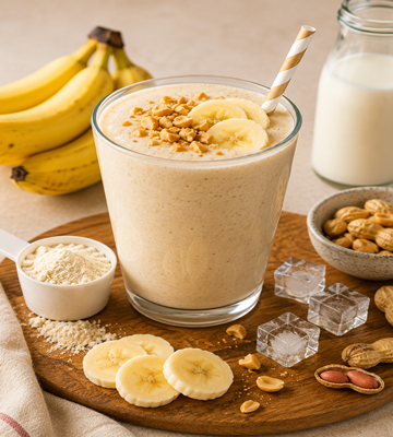 Romige banaan-pindakaas proteïne milkshake in een glas, afgewerkt met banaanschijfjes en stukjes noot. Op de achtergrond staan bananen, melk, pinda’s, ijsblokjes en een schaaltje eiwitpoeder.
