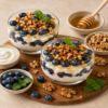 Yoghurt parfait met blauwe bessen, walnoten, honing en munt in glazen dessertcups. Eiwitrijk ontbijt met vers fruit, yoghurt en gezonde toppings.