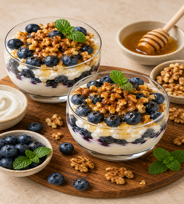 Yoghurt parfait met blauwe bessen, walnoten, honing en munt in glazen dessertcups. Eiwitrijk ontbijt met vers fruit, yoghurt en gezonde toppings.