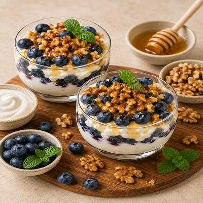 Yoghurt parfait met blauwe bessen, walnoten, honing en munt in glazen dessertcups. Eiwitrijk ontbijt met vers fruit, yoghurt en gezonde toppings.