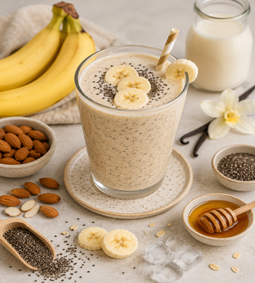 Romige chia-banaan milkshake met bananenschijfjes, geserveerd naast amandelen, chiazaad, honing, melk en vanille.