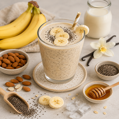 Romige chia-banaan milkshake met bananenschijfjes, geserveerd naast amandelen, chiazaad, honing, melk en vanille.