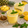 Twee glazen citroen-sinaasappel vitamine boost sap, afgewerkt met verse munt en geserveerd met ananas, citrusvruchten, honing en ijsblokjes.