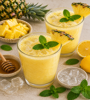 Twee glazen citroen-sinaasappel vitamine boost sap, afgewerkt met verse munt en geserveerd met ananas, citrusvruchten, honing en ijsblokjes.