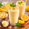 Twee romige banaan-citrus milkshakes in glazen, gegarneerd met bananenschijfjes en munt, omringd door sinaasappelpartjes, vanille-ijs en ijsblokjes op een houten serveerplank.
