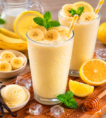 Twee romige banaan-citrus milkshakes in glazen, gegarneerd met bananenschijfjes en munt, omringd door sinaasappelpartjes, vanille-ijs en ijsblokjes op een houten serveerplank.