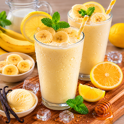 Twee romige banaan-citrus milkshakes in glazen, gegarneerd met bananenschijfjes en munt, omringd door sinaasappelpartjes, vanille-ijs en ijsblokjes op een houten serveerplank.