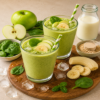 Twee groene appel-spinazie proteïne milkshakes in glazen, gegarneerd met banaanschijfjes. Rondom liggen groene appel, verse spinazie, banaan, ijsblokjes, melk en eiwitpoeder.