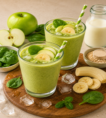 Twee groene appel-spinazie proteïne milkshakes in glazen, gegarneerd met banaanschijfjes. Rondom liggen groene appel, verse spinazie, banaan, ijsblokjes, melk en eiwitpoeder.