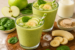 Twee groene appel-spinazie proteïne milkshakes in glazen, gegarneerd met banaanschijfjes. Rondom liggen groene appel, verse spinazie, banaan, ijsblokjes, melk en eiwitpoeder.