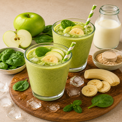 Twee groene appel-spinazie proteïne milkshakes in glazen, gegarneerd met banaanschijfjes. Rondom liggen groene appel, verse spinazie, banaan, ijsblokjes, melk en eiwitpoeder.