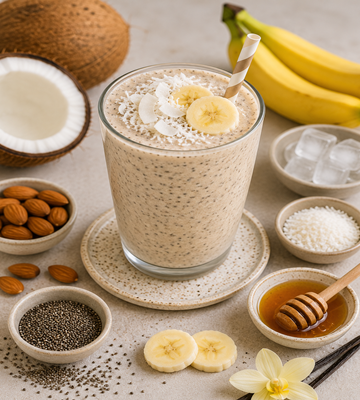 Romige kokos-chia milkshake met banaan als garnering, omringd door kokos, amandelen, chiazaad, honing en ijsblokjes.