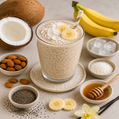 Romige kokos-chia milkshake met banaan als garnering, omringd door kokos, amandelen, chiazaad, honing en ijsblokjes.