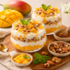 Romige yoghurt parfait met verse mango, gemengde noten, honing en munt in glazen. Gezond ontbijt of dessert met tropisch fruit en natuurlijke ingrediënten.