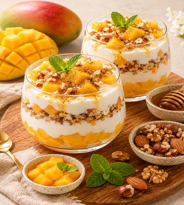 Romige yoghurt parfait met verse mango, gemengde noten, honing en munt in glazen. Gezond ontbijt of dessert met tropisch fruit en natuurlijke ingrediënten.