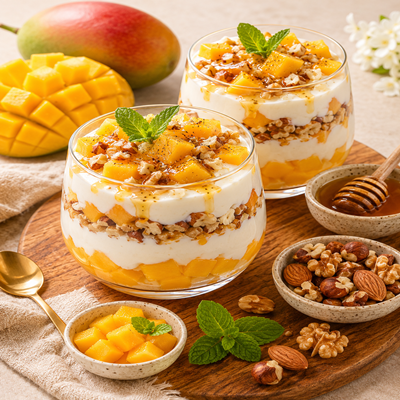 Romige yoghurt parfait met verse mango, gemengde noten, honing en munt in glazen. Gezond ontbijt of dessert met tropisch fruit en natuurlijke ingrediënten.