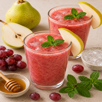 Twee glazen energie fruitsap van peer en rode druiven met ijsblokjes, afgewerkt met een schijfje peer en verse munt. Geserveerd tussen verse druiven, peer en honing voor een natuurlijke energieboost.