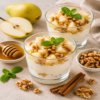 Glazen met romig perendessert, gegarneerd met stukjes peer, walnoten en munt, geserveerd met verse peren, honing en kaneelstokjes.