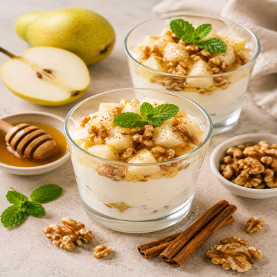 Glazen met romig perendessert, gegarneerd met stukjes peer, walnoten en munt, geserveerd met verse peren, honing en kaneelstokjes.