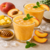 Twee glazen verfrissende energie fruitsap van perzik en ananas met ijsblokjes, gegarneerd met verse munt en een schijfje perzik. Omringd door verse perziken, ananasblokjes en honing.