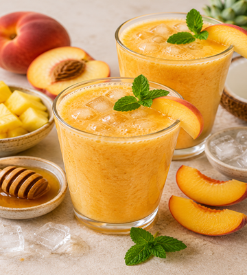 Twee glazen verfrissende energie fruitsap van perzik en ananas met ijsblokjes, gegarneerd met verse munt en een schijfje perzik. Omringd door verse perziken, ananasblokjes en honing.