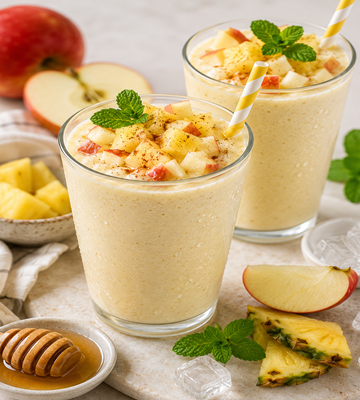Twee romige sinaasappel-appel milkshakes in glazen met stukjes appel en munt als garnering, omringd door appelpartjes, ananasstukjes, honing en ijsblokjes op een lichte ondergrond.