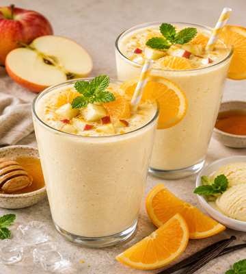 Twee romige sinaasappel-honing milkshakes in glazen, afgewerkt met stukjes appel en verse munt, geserveerd tussen sinaasappelpartjes, een halve appel, honing en vanille-ijs.