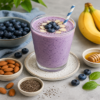 Romige blauwe bessen milkshake met banaan, gegarneerd met verse blauwe bessen, geserveerd naast amandelen, chiazaad en honing.