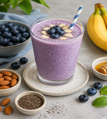 Romige blauwe bessen milkshake met banaan, gegarneerd met verse blauwe bessen, geserveerd naast amandelen, chiazaad en honing.