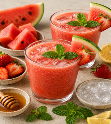 Twee glazen watermeloen-aardbei vitamine boost sap, gegarneerd met verse munt, geserveerd met stukjes watermeloen, aardbeien, citruspartjes, honing en ijsblokjes.