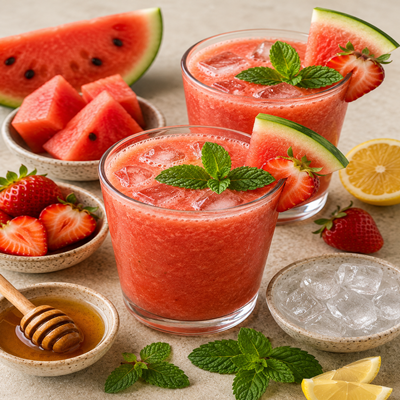Twee glazen watermeloen-aardbei vitamine boost sap, gegarneerd met verse munt, geserveerd met stukjes watermeloen, aardbeien, citruspartjes, honing en ijsblokjes.